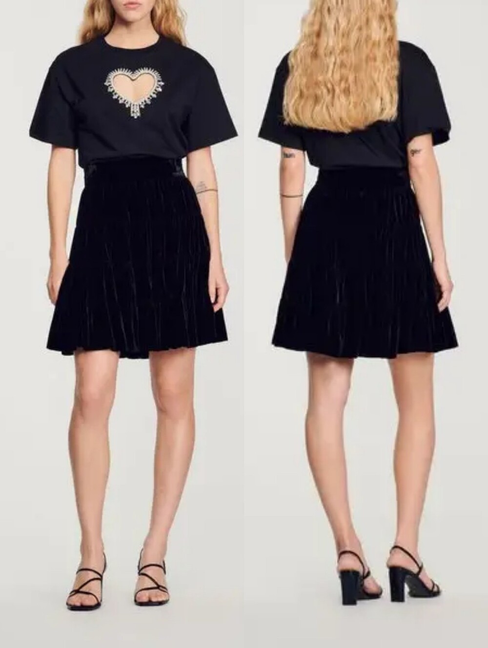 New SANDRO Black Velvet Velour Skater Mini Skirt Flowy High Rise 36